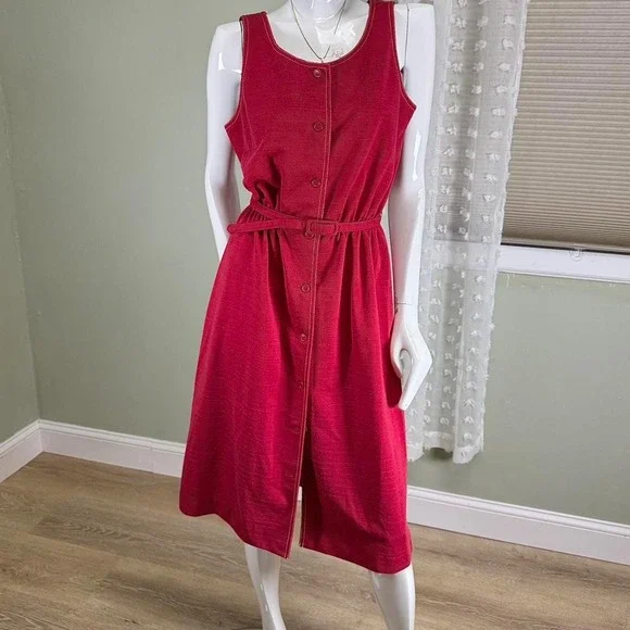 Vintage 70s Kay Windsor Red Sleeveless Button-Front Dress – Made in‎ USA, ILGWU - Picture 4 of 8
